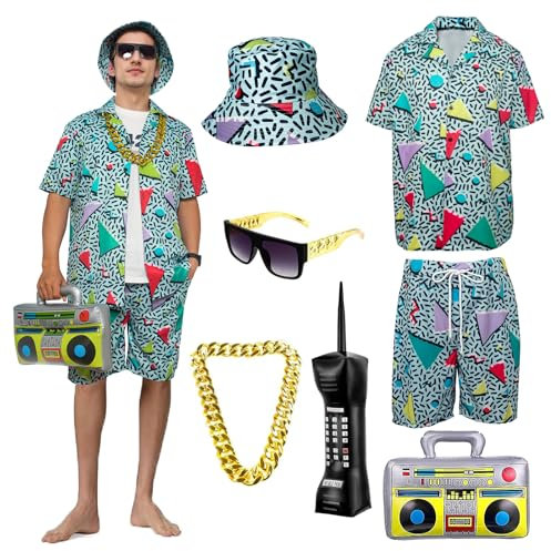 OPAEHJF 80er 90er Jahre Kostüm Trainingsanzug für Herren, 80er Jahre Verkleidung mit Fischerhut Sonnenbrille für Motto Disco Party Kostüme (Grün, 3XL)