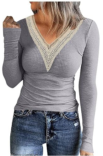 Blank Women Women Long Sleeve T Shirts Slim Fit Tops V Neck Ribbed Knit Shirts Women S Long Sleeve Shirts (Grey, XXXL)