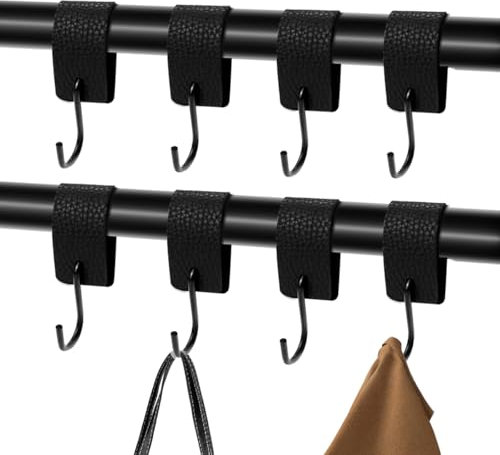 8 Stück S Haken Schwarz mit Lederschlaufe, Haken Zum Einhängen Haken Garderobenhaken Kleiderhaken Metallhaken für Garderobe Kleiderstange Stange Küche Badezimmer