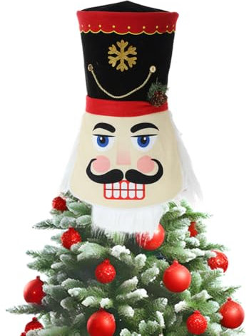JOYWU Nutcracker Christmas Tree Topper Hat,50cm Nutcracker Soldier Xmas Tree Top Hat,Black Velvet Bowler Topper Hat with Long Plaid Bows,Nutcracker Christmas Tree Ornaments