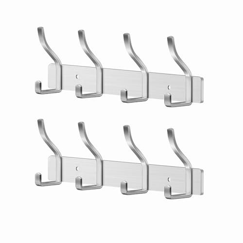 MEIJO Perchero Pared Ganchos de Perchero Colgador Ropa Pared con 4 Ganchos Perchas de Acero Inoxidable Montaje en Pared para Dormitorio Baño y Cocina (Plata, 4 gancho 2pcs)