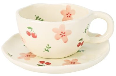 Koythin Ceramic Coffee Mug with Saucers, Handmade Flowers Mugs, Cute Cup for Girl Women, Aesthetic Tea Milk Cup with Handle, 8.5 oz/250 ml for Latte, Cocoa, Office, Home (Pink Cherry Flowers)