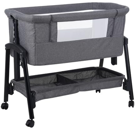 Kisdream® 3-in-1 Next to Me Crib: Baby Crib with Mattress | Co-Sleeper 5 Height Levels - Baby Cradle Folding Adjustable & Rocking - Bassinet with Wheels | Portable Cot & Bed for Travel