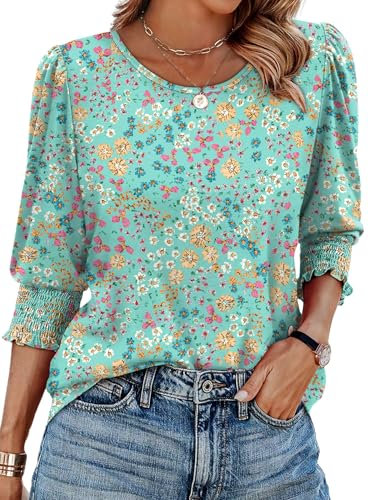 Aokosor Womens Tops 3/4 Sleeve T Shirts for Women UK Crew Neck Tunic Womens Blouses Ladies Tops Size 10-12 Green Floral