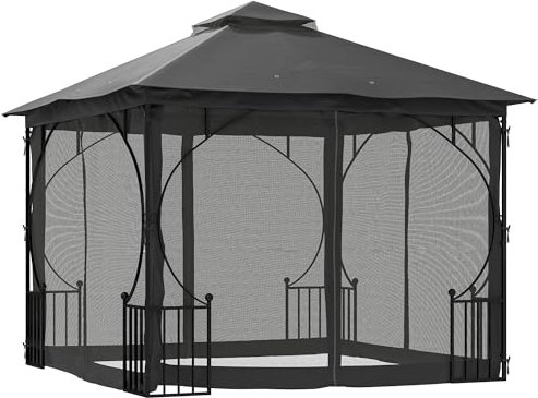 Outsunny 3 x 3m Garden Gazebo Patio Party Tent Shelter Outdoor Canopy Double Tier Sun Shade with Metal Frame and Netting, Dark Grey