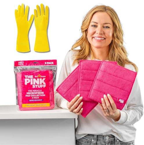 Kevagh The Pink Stuff The Miracle Microfibre Pad Collection 3 Pack & 1 Pair of Yellow Household Gloves – All-Purpose Cleaning Bundle