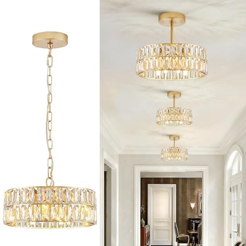 MSSIAN Gold Kristall Kronleuchter, moderne Semi Flush Mount Kronleuchter 4-Ligh Trommel Kristall Deckenleuchte für Foyer Eingang Küche Flur Esszimmer D30cm