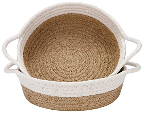 Sea Team 2er-Pack Baumwollseilkörbe, 25,4 x 7,6 cm, kleiner gewebter Aufbewahrungskorb, Stofftablett, Schüssel, runde offene Schale für Obst, Schmuck, Schlüssel, Nähsets (Flachs und Weiß)