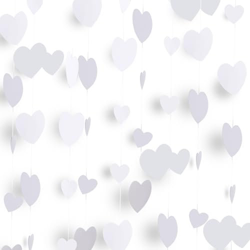 Xialvyu 52 Ft Weißes Liebesherz Papier Girlande, Hochzeit Deko, Metallisches Papier Hängende Girlande für Jahrestag, Bachelorette, Verlobung, Valentinstag, Weihnachten, Party Dekorationen