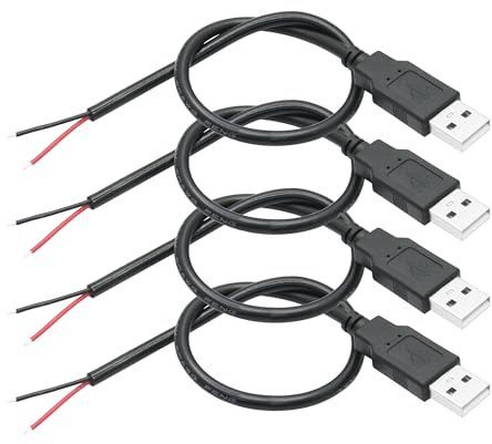 Riertostng 4Pcs USB 2Pin Bare Wire Cable 11inch, USB A Plug to 2 Pin Open End Power Cord 20AWG, for USB DIY Equipment Repair Replacement