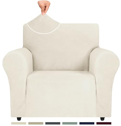 Ystyle Weicher Elastisch Sofabezug 1 Sitzer, Creme | Sofaschoner Rutschfest, Universaler Couch Überzug mit Armlehnen, Moderne Sofa Cover, Waschbarer Sofahusse für Wohnzimmer