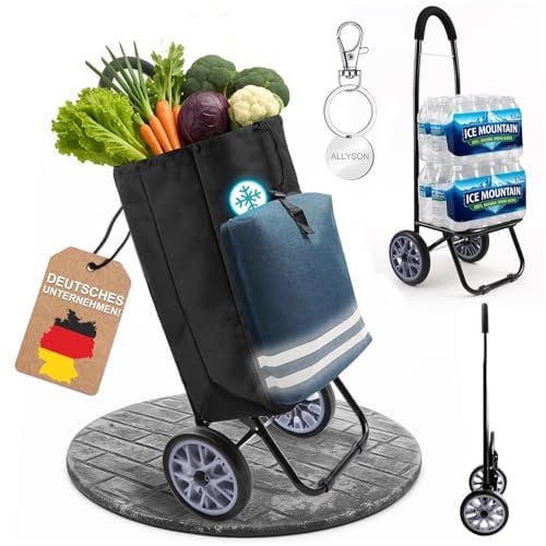 Allyson® Einkaufstrolley klappbar mit Reflektoren & Kühltasche, Einkaufswagen 45L Kapazität, Wetterfester Shopping Trolley, Treppensteiger Trolley mit Geräuschlosen Rädern & Abnehmbarer Tasche - Blau