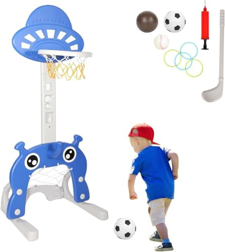 Jaxguom 4 in 1 Kinder Basketballkorb Set, Basketballkorb Indoor Kinder, Höhenverstellbarer Basketballständer, Fußballtor & Wurfspiel für Kleinkinder