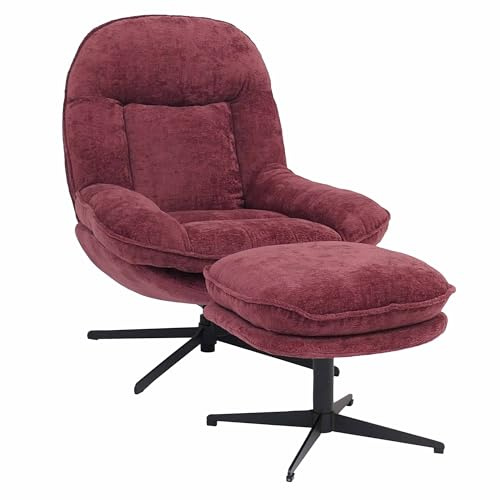 Mendler Relaxsessel mit Hocker HWC-P32 Metall - Beere | Fernsehsessel, Nosagfederung, drehbar Stoff/Textil, Chenille (370, g/m²)