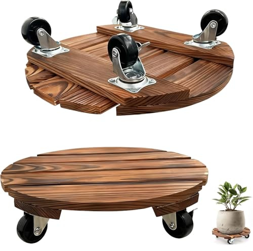aghoer 2Pcs Pflanzenroller Holz, Rund Pflanzenuntersetzer mit Rollen, 30cm Rund Rollbrett Pflanzen,wetterfest, für schwere Blumentöpfe und Pflanzenständer(Braun)