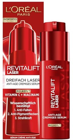 L'Oréal Paris Anti-Age cremiges Serum - Dreifach Laser gegen Pigmentflecken, mit Melaysl, Vitamin C und Niacinamid, Revitalift Laser, 1 x 50ml