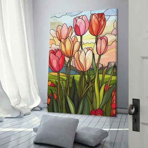 POLIUAWS Stained Glass Tulips Living Room Pictures for Walls for Living Room Kids Children Girl Boys Birthday Party Gift Modern Art Prints 24x36inch(60x90cm)