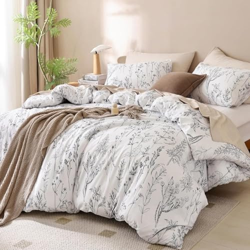 Tospass Bettwäsche 135x200 Blumen Weiß Schwarz Blätter Pflanzen Floral Bettwäsche Set Mikrofaser ÖKO-TEX Deckenbezug 1 Bettbezug mit Reißverschluss 1 Kissenbezug 80x80cm