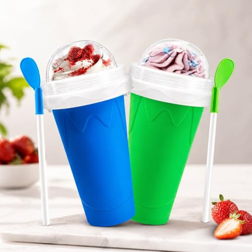 ENDUROGEAR Slushie Cup 2 Pack, Slushy Maker Cup Frozen Magic Squeeze Cups for Juice Milk Yogurt Ice Cream, DIY Cooling Cup with Lid & Straw, Fun Gift for Kids Family Friends – Blue + Green