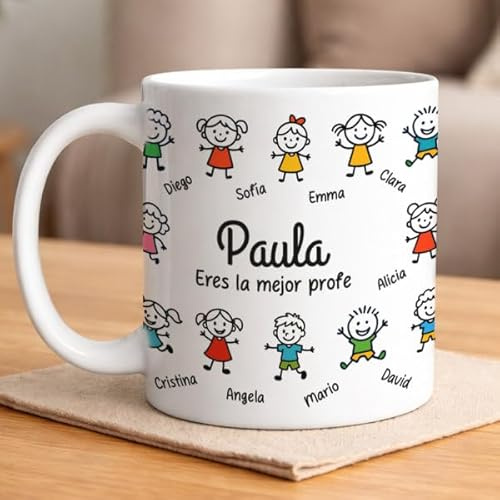 Transparent Gift Taza Muñequitos Personalizada para Profesores. Taza con Nombres de Alumnos. Regalo Original Fin de Curso. Regalos Personalizados para Maestros y Maestras.