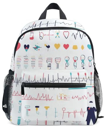 WDdZzyy Rucksack für Kinder, Mädchen, Motiv: Ärzte, Cartoon, Elektrokardiogramm, Weiß, für Schule, Leine, Büchertaschen mit Namensschild für Vorschule