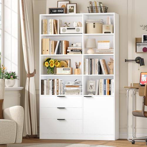 HOCSOK Bibliotheque Meuble de Rangement, Étagère à 7 Niveaux, 3 Tiroirs | Bibliothèque avec Étagères Réglables et 1 Porte, pour Salon, Bureau, Chambre, Blanc, 28,5×103×180,5 cm