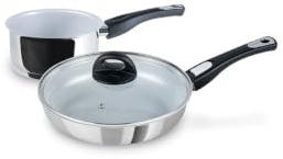 Genius Cerafit Steel Kochgeschirr-Set 3-tlg., Edelstahl-Pfanne Induktion 24 cm mit Keramik-Antihaftbeschichtung, Glasdeckel, Stielkasserolle 16 cm, für alle Herdarten, kratzfest, fettarmes Kochen