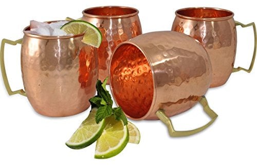 Prisha India Craft Set of 4 Moscow Mule Solid Copper Mug 16 OZ - 100% Pure Copper Hammered Lacquered Finish, Cocktail Cup, Copper Mugs, Cocktail Mugs with No Inner Linings