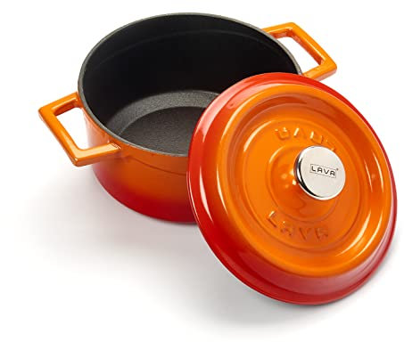 LAVA Cocotte en fonte, faitout orange ronde en fonte avec couvercle, induction, 16 cm, 1,33 lt capacité