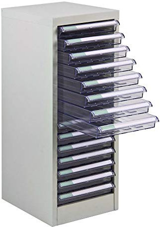 ADB Metall Schubladencontainer - 15 PVC Schubladen, herausnehmbar, Sicherheits-Anschläge, pulverbeschichtet RAL 7035, 745x280x350 mm, für Büro und Werkstatt