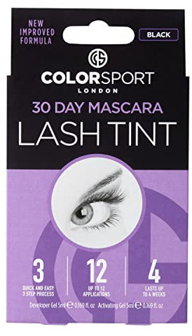 Colorsport Tinte para pestañas London 30 días, máscara voluminizadora con tinte semipermanente para pestañas, dura hasta 30 días con 12 aplicaciones, color negro