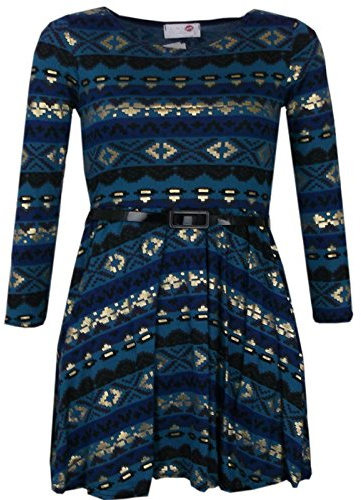 A2Z Girls Aztec Teal Skater Dress with Belt Age 5-13Y | Trendy Summer Party Outfit for Girls with Flared Style