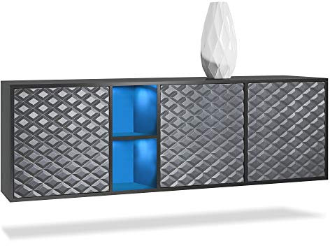 Vladon Sideboard Kommode Cuba, Made in Germany, Korpus in Schwarz matt/Fronten in 3D Stahlgrau, inkl. LED Beleuchtung