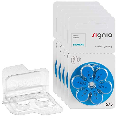 Signia Lot de 30 piles auditives taille 675, 5 x 6 piles PR44 bleues 24600 + boîte de rangement EWANTO pour 2 piles (10, 13, 312, 675), boîte de rangement transparente pour piles boutons < Ø 12 mm,