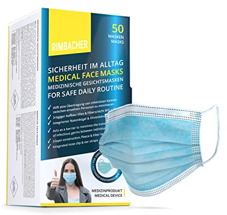 Rimbacher Mund-Nasenschutz-Masken Einweg-Artikel, Effektiver Mund- und Nasenschutz, Maske 3-lagig aus Vlies, Atemschutz Produziert in Deutschland, 50 Stück