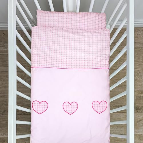 4-teiliges Bettwäscheset für Babybett, 80 x 70 cm, Bettbezug mit Kissen und Kissenbezug (Herz-Rosa)
