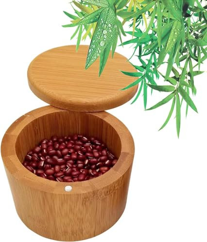 Salero Cocina de Bambú Caja, Caja Almacenamiento de Especias, Caja de Sal Bambú, Salero Cocina De Bambú, Natural Caja Almacenamiento Madera con Tapa Giratoria Magnética para Cocina (9x7cm)