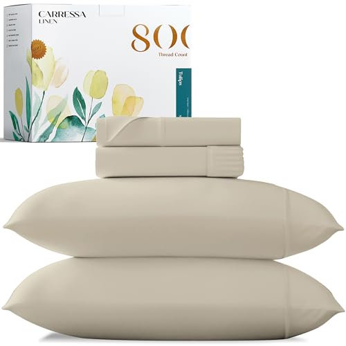 Carressa Linen Bettlaken-Set, langstapelig, weiche ägyptische Baumwolle, Fadenzahl 800, 4-teiliges Set, California King Laken, bis zu 43,2 cm Tiefe Tasche, glattes und weiches Satingewebe, Tiefe