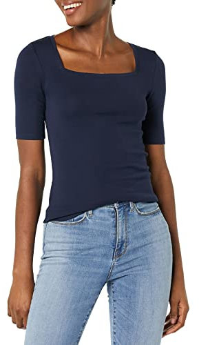 Amazon Essentials Women's Slim-Fit Half Sleeve Square Neck T-Shirt, Navy, L