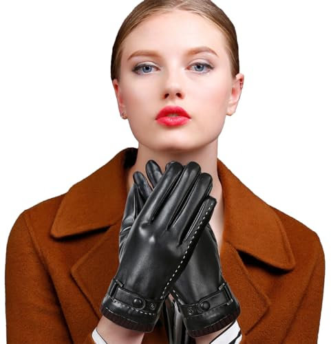 flintronic Damen Lederhandschuhe,Superweiche Premium Lederhandschuhe, Touchscreen Handschuhe, Weiches Warmes Dickes Korallenfleece Futter Winterhandschuhe,Winddichte Handschuh-S