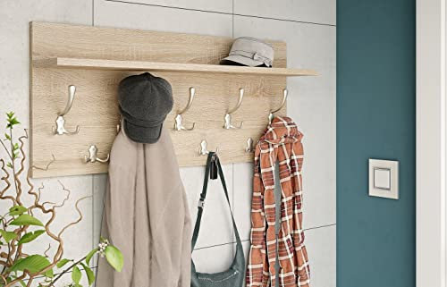 Design Garderobe Garderobenpaneel 90 x 40 cm Sonoma Eiche - Edelstahloptik mit Hutablage Kleiderhaken Finlo