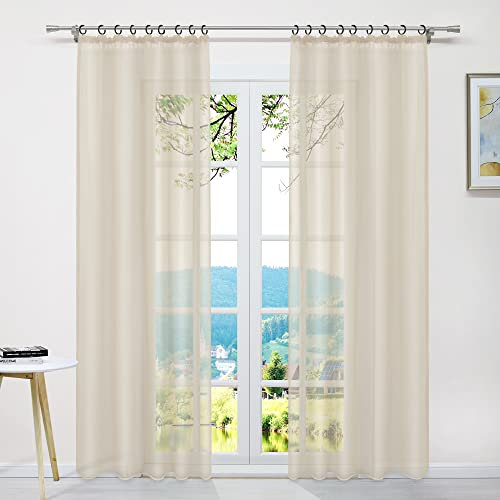 ESLIR Gardinen mit Kräuselband Vorhänge Fensterschal Transparent Schlaufenschal Voile Schal Uni Beige BxH 145x245cm 1 Stück