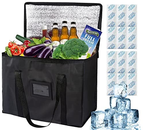 20L Kühltasche Groß 35x26x23cm, Kühltaschen faltbar mit 12 Stück Eisbeutel, Kühlbox Isoliertasche PicknickTasche Eistasche für Lebensmitteltransport (Black-XL) (Schwarz XL-20 Liter)