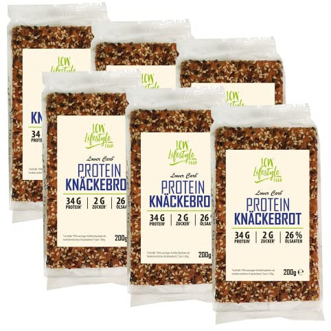 Protein Knäckebrot mit 34% Protein | 200g (= 8 Scheiben) | Hoher Proteingehalt | zuckerarm | Lower Carb* | 79% weniger Kohlenhydrate* (6er Pack)