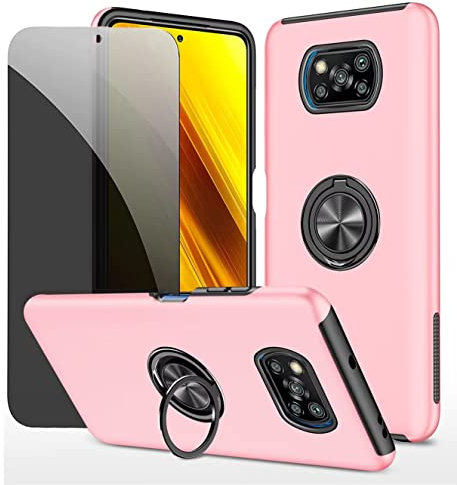 Dechyi Privacidad Funda para Xiaomi POCOX3 NFC / X3/X3 Pro Carcasa con Anti Espía Vidrio Templado de Privacidad con Soporte de Anillo-Negro