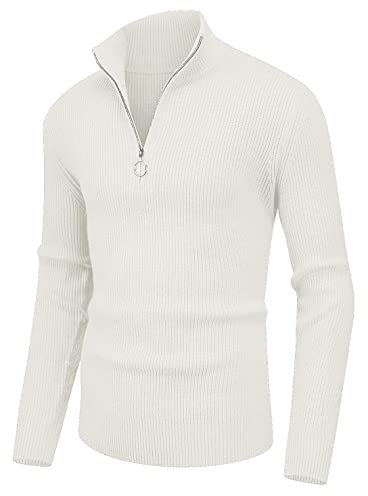 Sailwind Men's Jumpers 1/4 Zip Tops Winter Warm Knit Polo Neck Jumper Long Sleeve Soft Cozy Quarter Zip Knitwear Pullover Sweaters for Men (White, M)