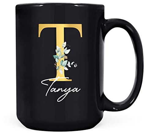 Personalised Letter T Floral Mug Initial with Name, Customised Gift, Gold Effect Printed Letter, NOT Metallic - Ceramic Coffee Cup for Men or Women, Extra Large and Giant Mug, 15oz Black Cup