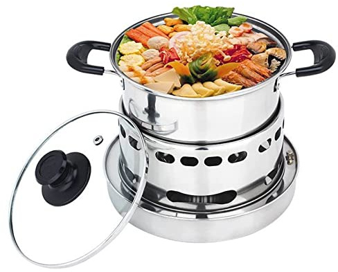 Spirituskocher für Innenräume,Campingkocher Spirituskocher mit Suppentopf, Edelstahl Spirituskocher 2-flammig,Mini Alkohol Herd Spiritusbrenner,Tragbare Spirituskocher für Camping,Picknick (16CM)