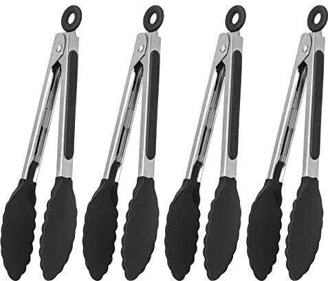 Servierzange Küchenzange Hitzebeständig, Premium Edelstahl Verriegelung Kochzange mit Silikonspitzen, rutschfeste Lebensmittelzange zum Kochen, Heavy Duty, Antihaft (18 CM(4 Pack))