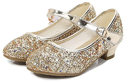 KUWIBY Girls Princess High Heel Sandals,Bowknot Sequin Dress Shoes Gold